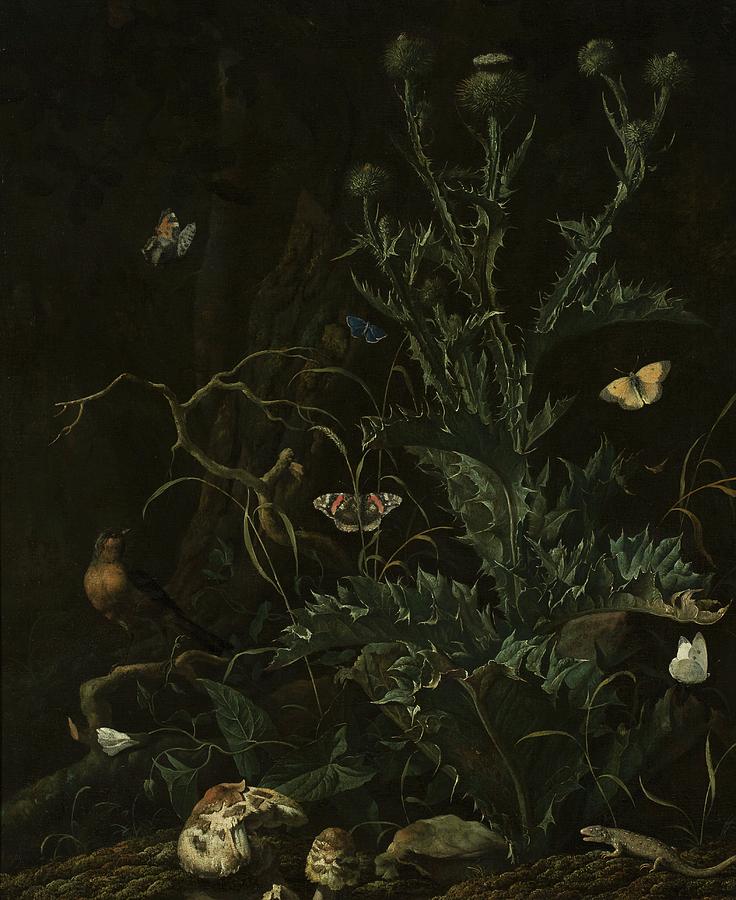 Thistles, Butterflies And A Lizard Painting by Abraham Jansz. Begeyn
