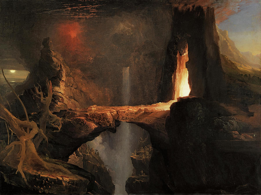 Thomas Cole Painting - Thomas Cole -Boulton-le-Moors, 1801-Catskill, 1848-. Expulsion. Moon and Firelight -ca. 1828-. Oi... by Thomas Cole -1801-1848-