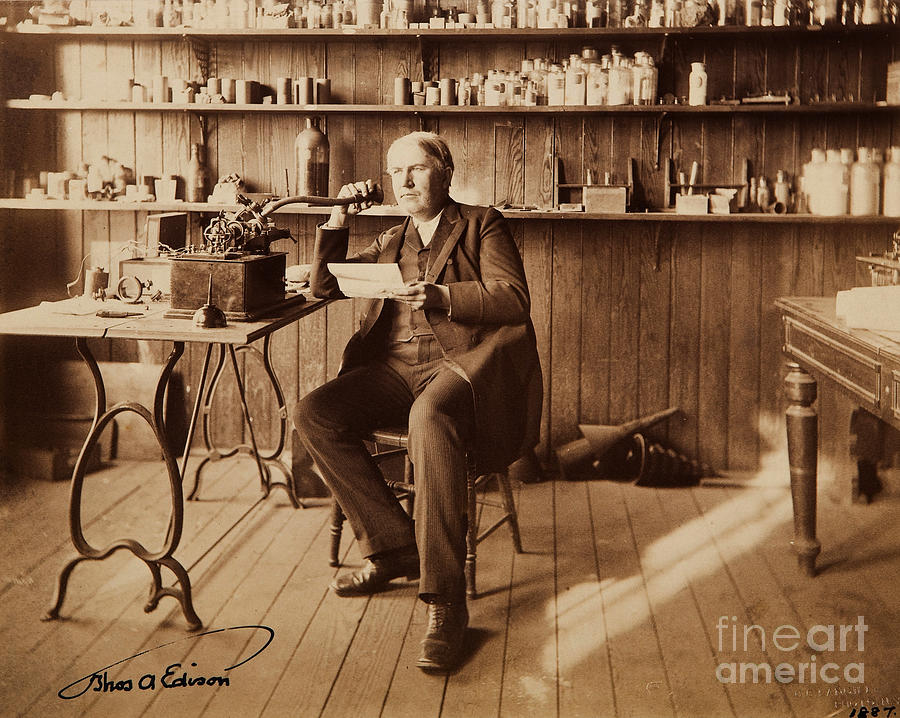 Thomas Edison Speaking into Dictaphone at His Menlo Park Lab Photograph by Peter Ogden
