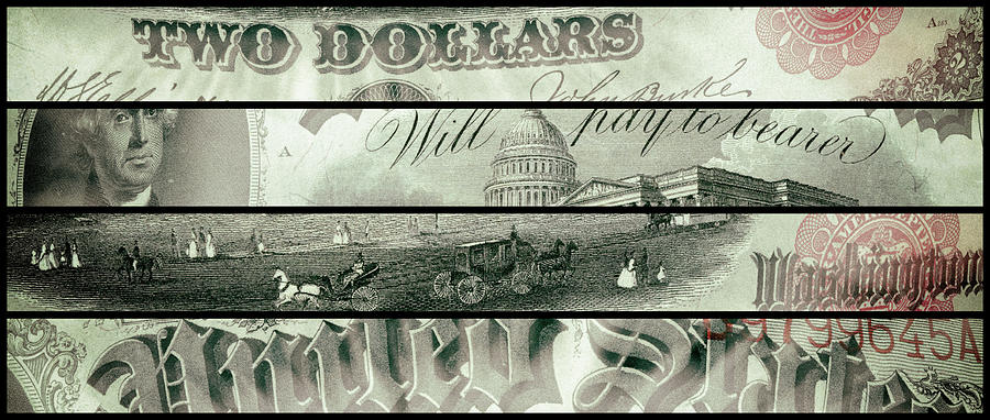 Thomas Jefferson 1917 American Two Dollar Bill Currency Polyptych Artwork Digital Art by Shawn OBrien