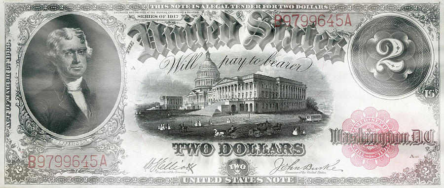 Thomas Jefferson 1917 American Two Dollar Bill Currency Starburst Artwork Digital Art by Shawn OBrien