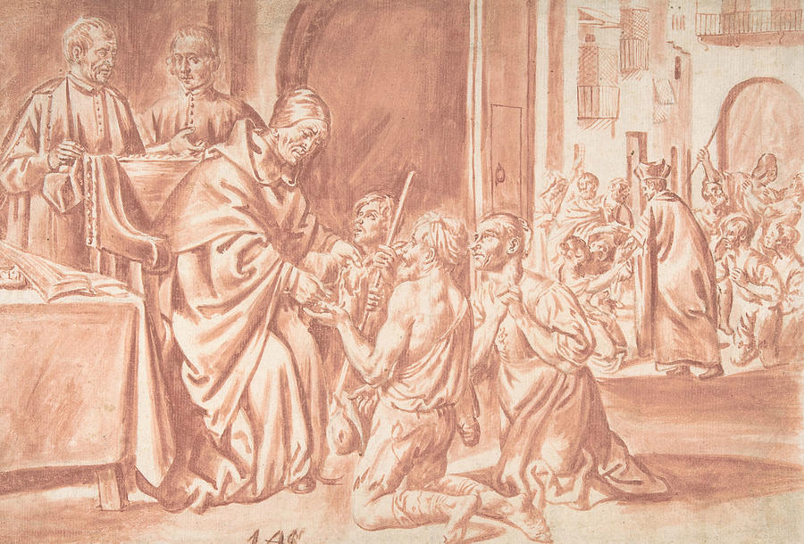 Thomas of Villanova, Archbishop of Valencia Distributing Alms to the Poor Drawing by Pedro Orrente