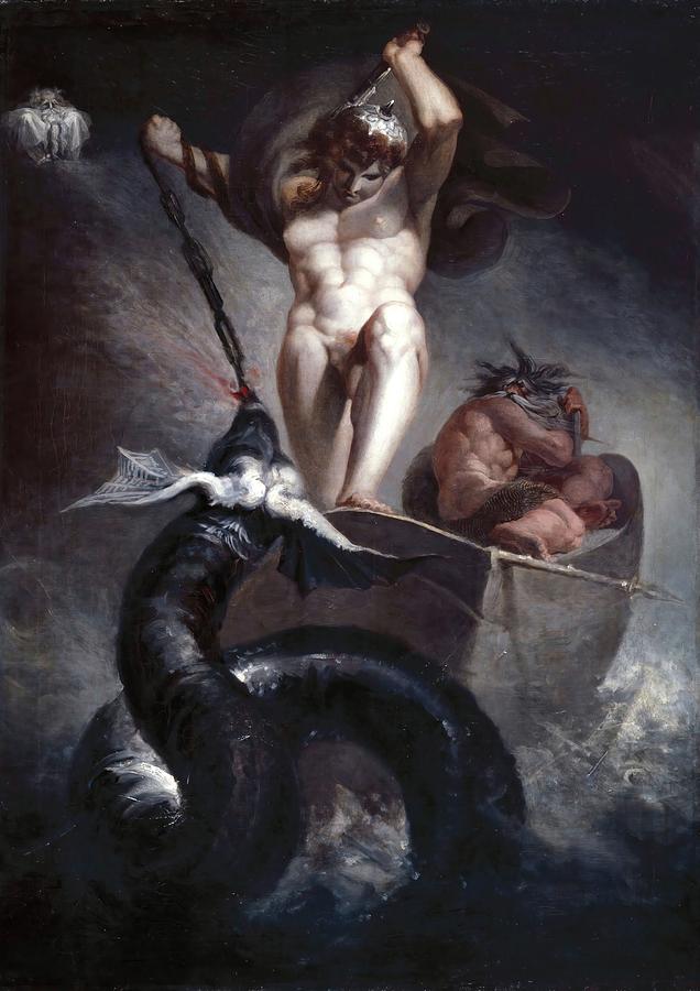 Thor battering the Midgard Serpent, 1790. Oil on canvas. 1330 mm x 946 mm. Painting by Johann Heinrich Fussli -fuseli-