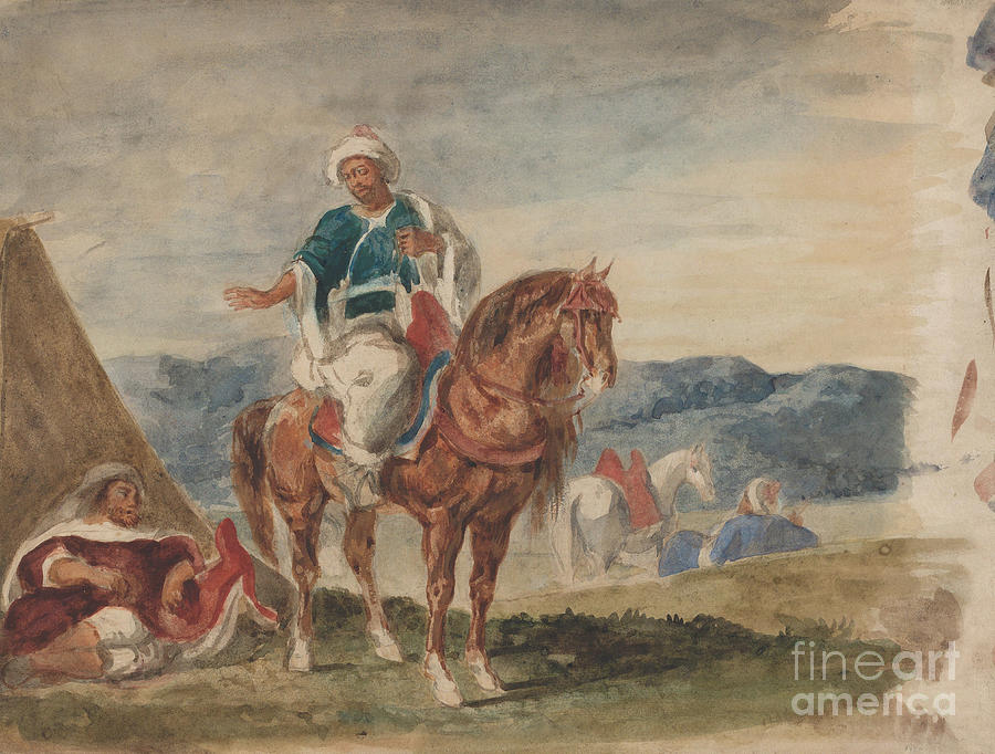 Three Arab Horsemen At An Encampment Drawing by Heritage Images