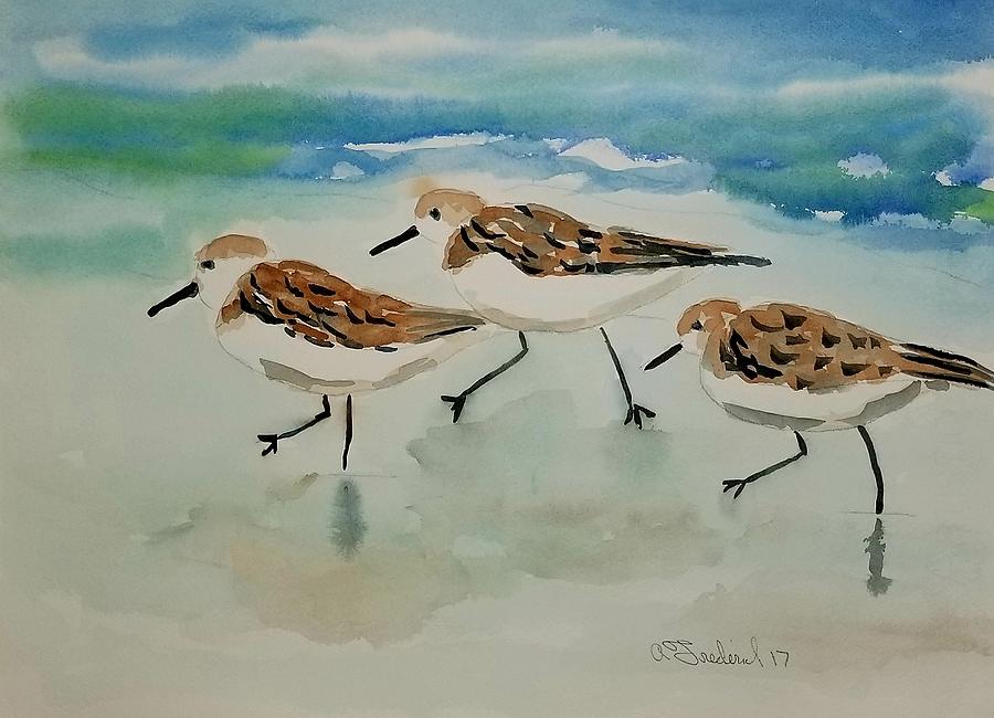 Three birds at the beach Painting by Ann Frederick