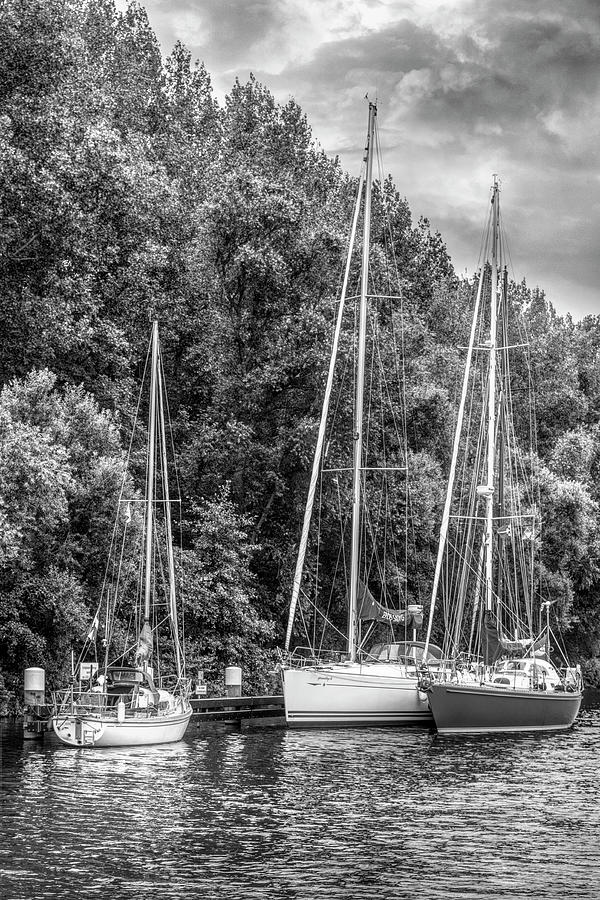 Three Boats on the River Black and White Photograph by Debra and Dave Vanderlaan