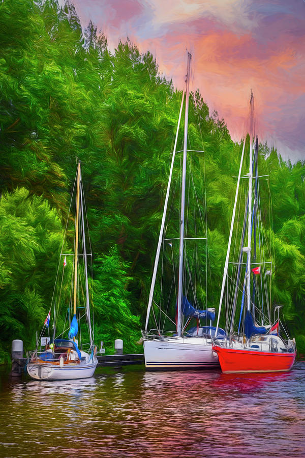 Three Boats on the River Painting Photograph by Debra and Dave Vanderlaan