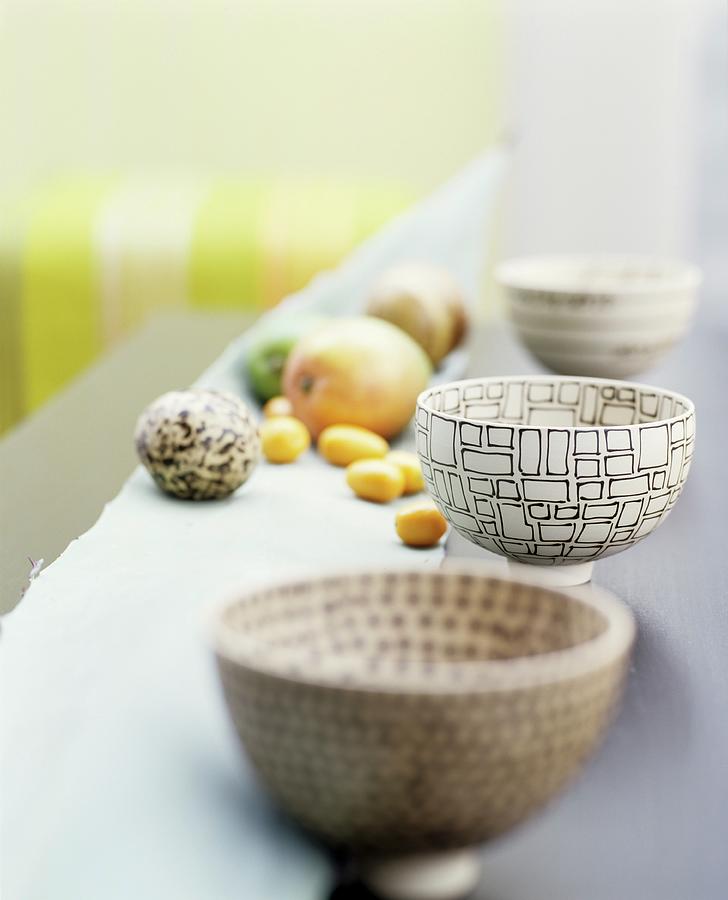 Three Bowls With Graphic Patterns And Fruit Photograph by Matteo Manduzio
