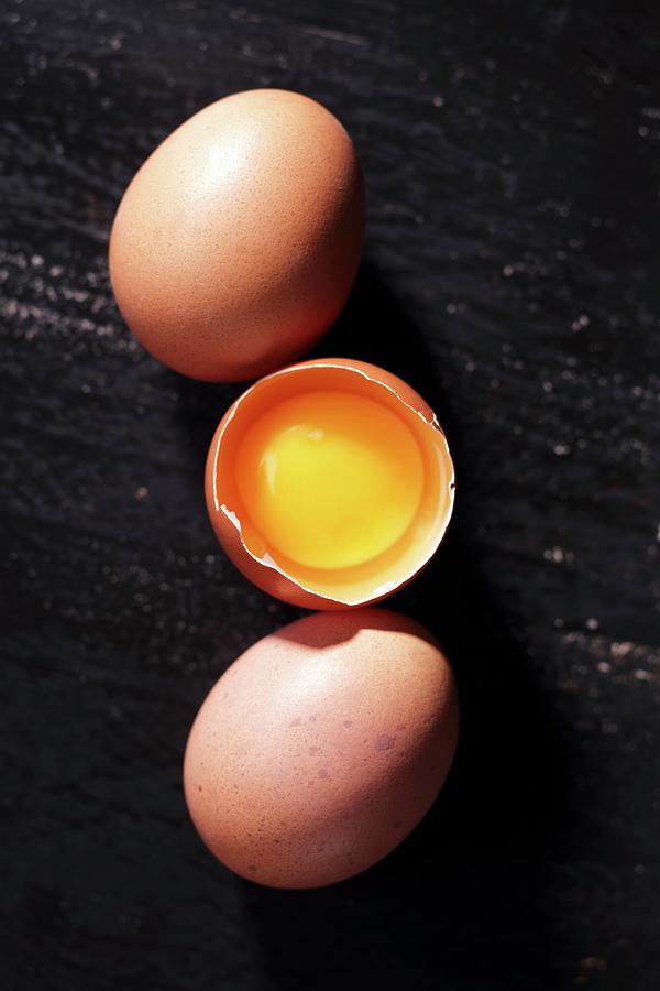 Three Brown Eggs, Open Cracked Open Photograph by Frank Weymann