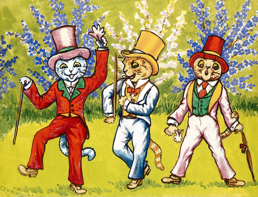 Three cats performing a song and dance act Painting by Louis Wain