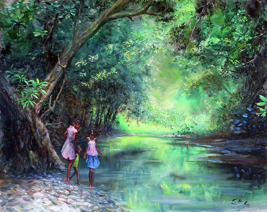Three Children by the River Painting by Jonathan Gladding