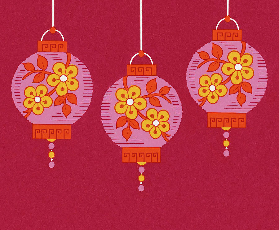 Vintage Drawing - Three Chinese Lanterns by CSA Images