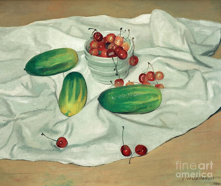 Felix Vallotton Painting - Three cucumbers and a bowl of cherries by Felix Vallotton