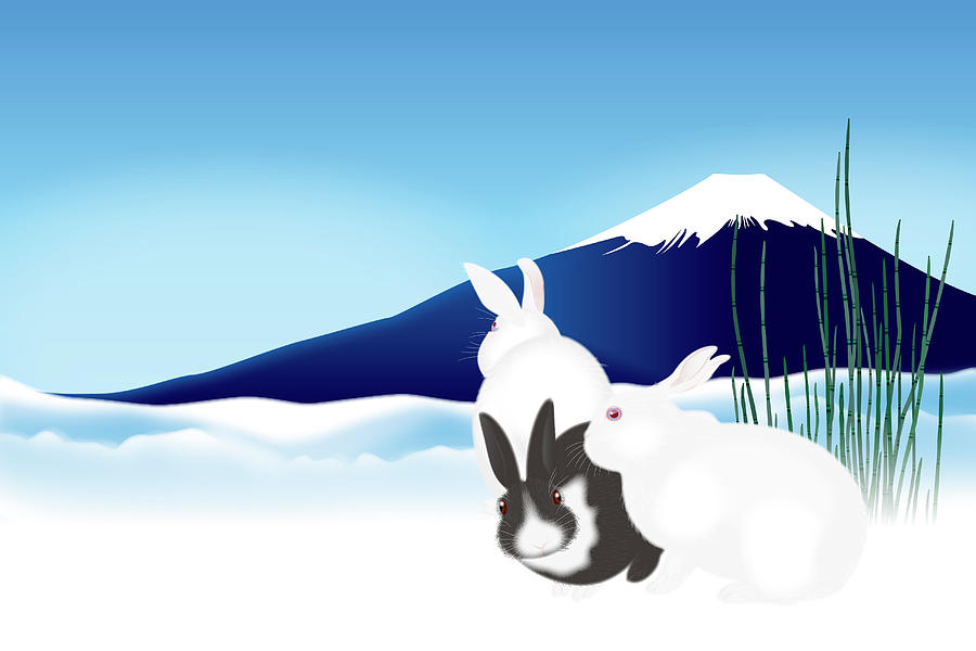 Three Cute Rabbits Against Mt. Fuji Digital Art by Imagewerks Three Cute Rabbits Against Mt. Fuji Digital Art by Imagewerks