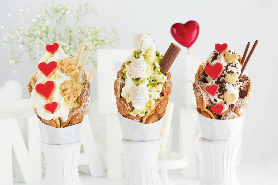 Three Different Bubble Waffles With Frozen Yoghurt, Heartshaped