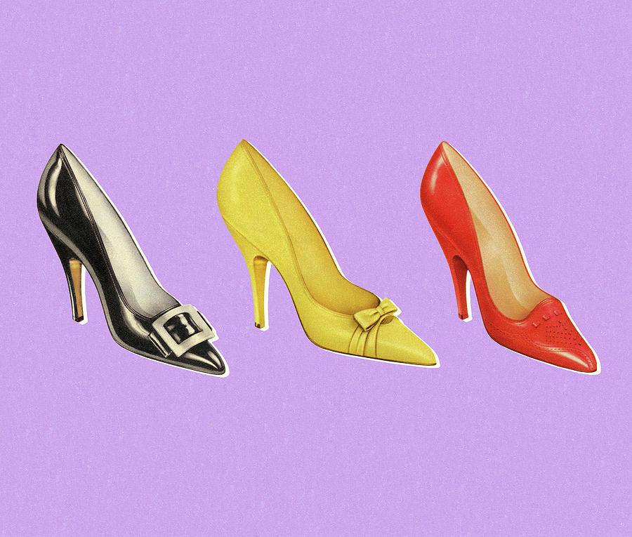Vintage Drawing - Three Different  Color Pumps by CSA Images