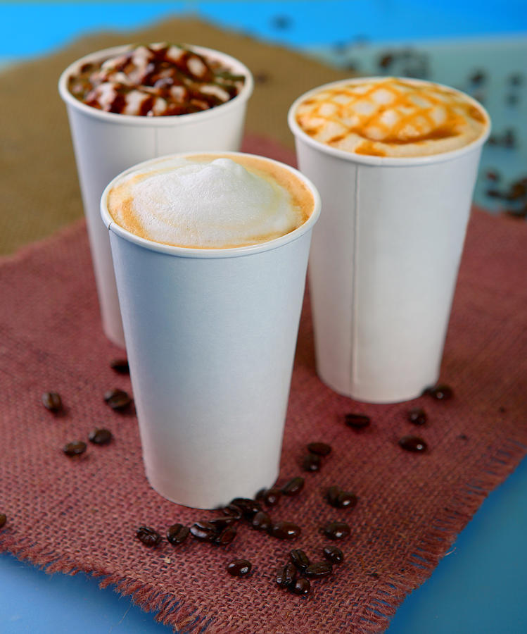 Three Different Lattes With Coffee Beans Photograph by Whitewish