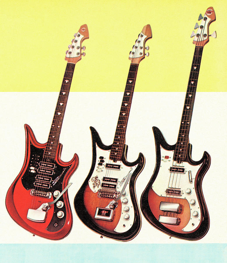 Music Drawing - Three electric guitars by CSA Images