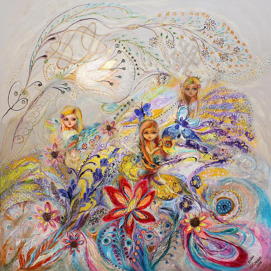 Three fairies in garden of dream Painting by Elena Kotliarker