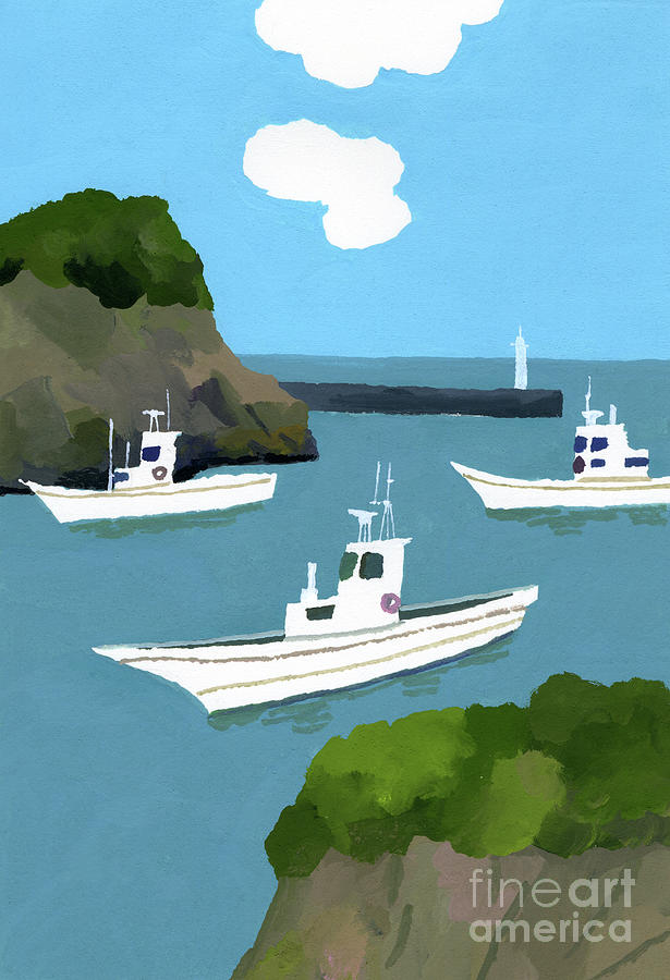 Three Fishing Boats Painting by Hiroyuki Izutsu