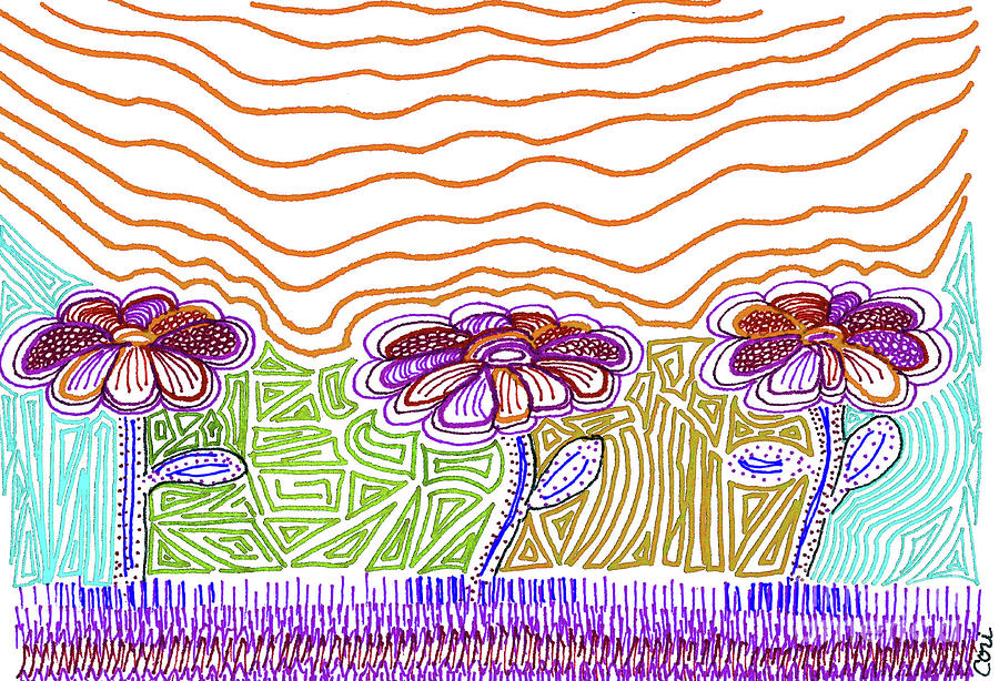 Three Flowers Orange and Purple Drawing by Corinne Carroll
