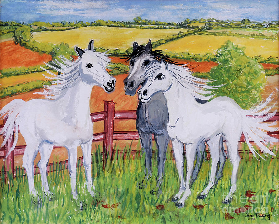 Horse Painting - Three Frisky Horses, 2002 by Joan Thewsey