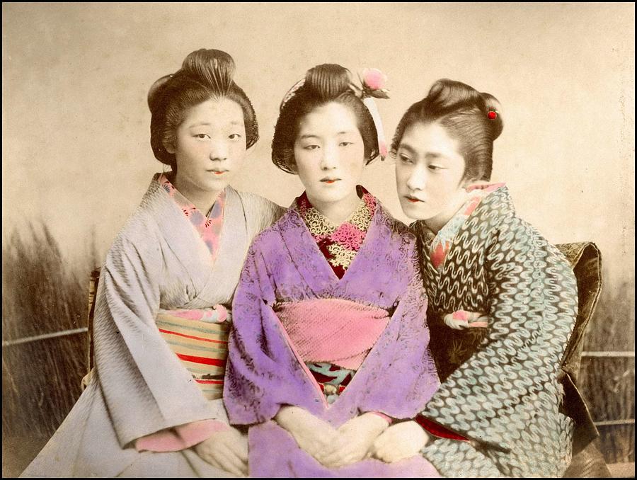 Three Geisha Handcolored japanese albumen print from a tourists album of the early 20th century  Painting by Celestial Images