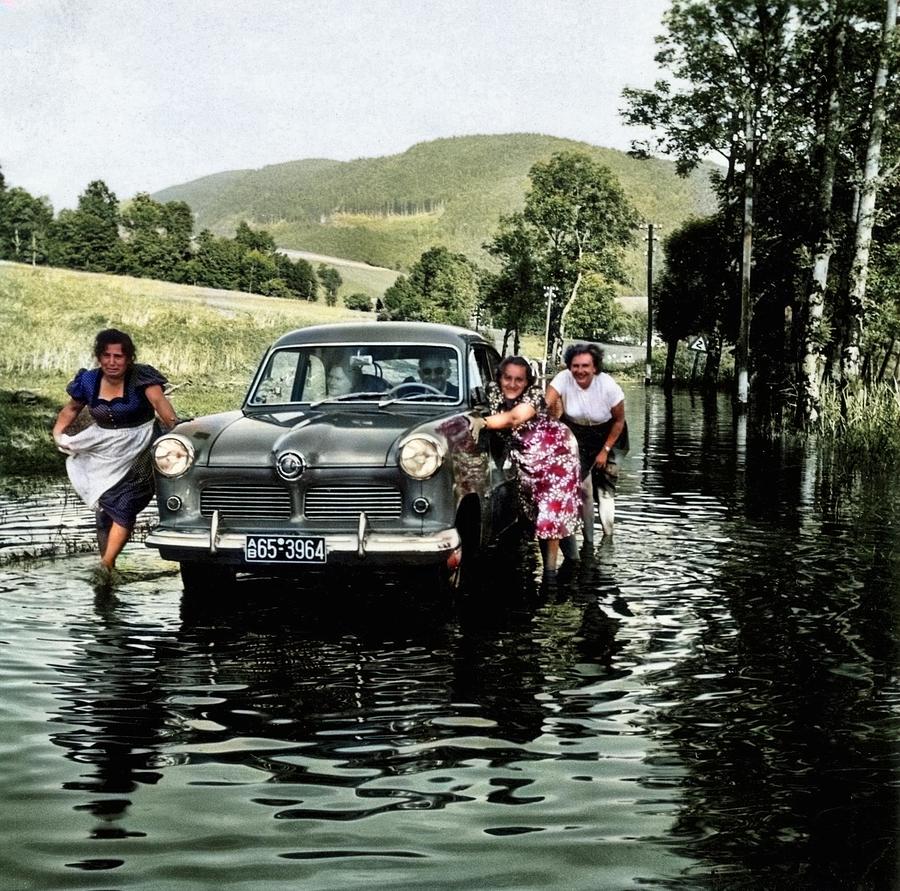 Three German Women Pushing A Ford Taunus On A Flooded Road In Rural Austria  Water Sports Near Monds Painting