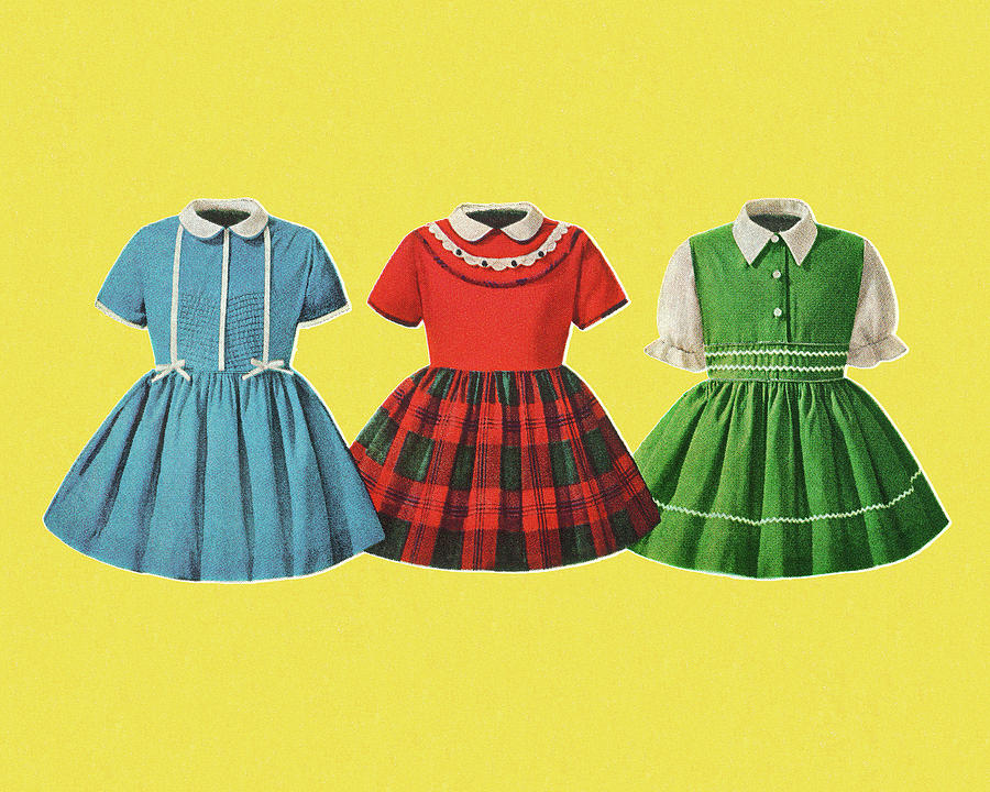 Vintage Drawing - Three Girls Dresses by CSA Images