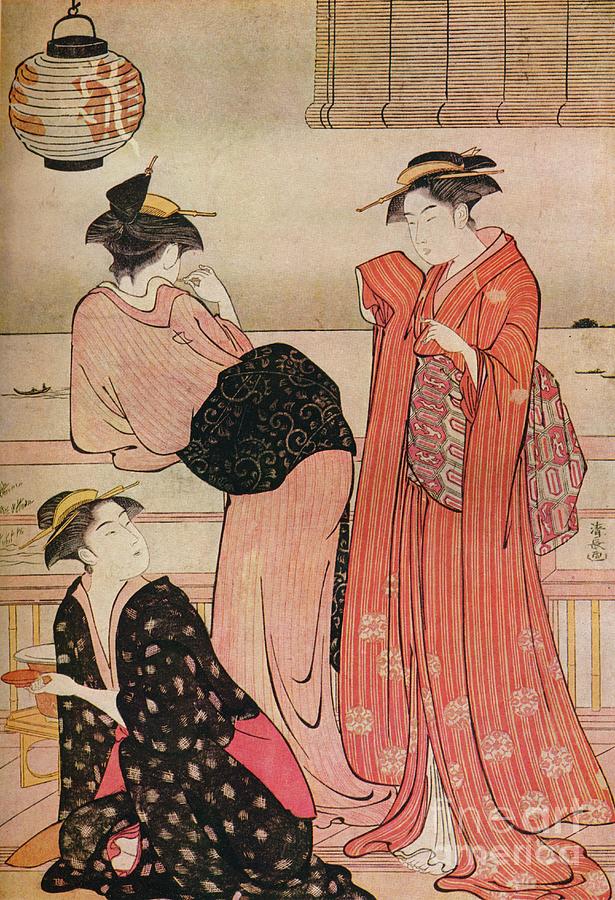 Three Girls On The Veranda Drawing by Print Collector