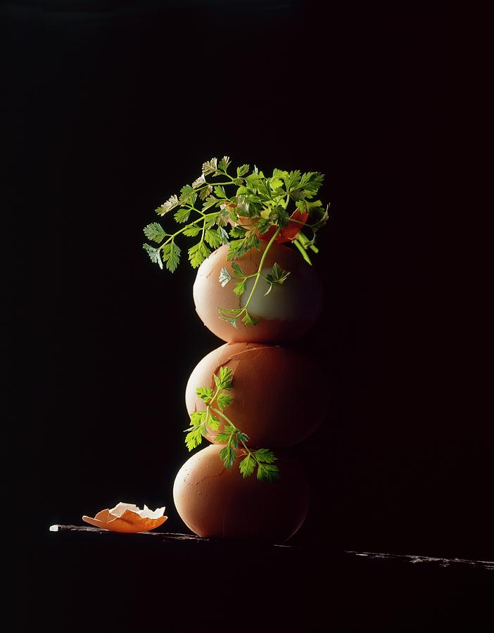Three Hard-boiled Brown Eggs Stack One On Top Of The Other Photograph by Michael Wissing