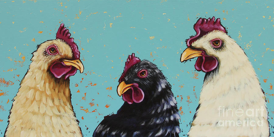 Three Hens Painting by Lucia Stewart