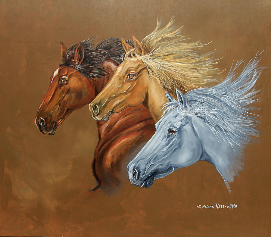 Horse Painting - Three Horse Heads Running by Eileen Herb-witte