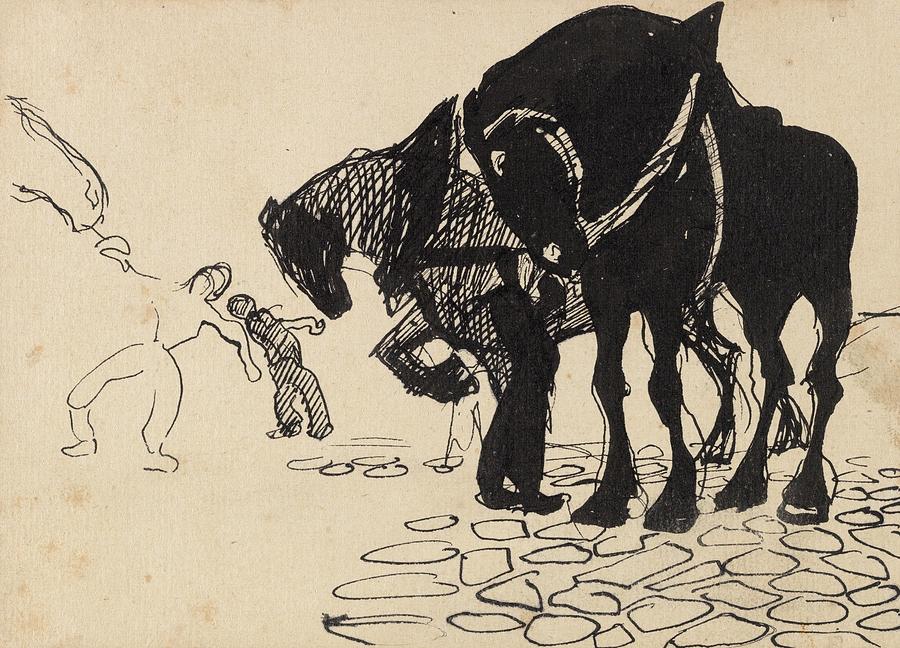 Three Horses Tended By Men Drawing by Umberto Boccioni Three Horses Tended By Men Drawing by Umberto Boccioni