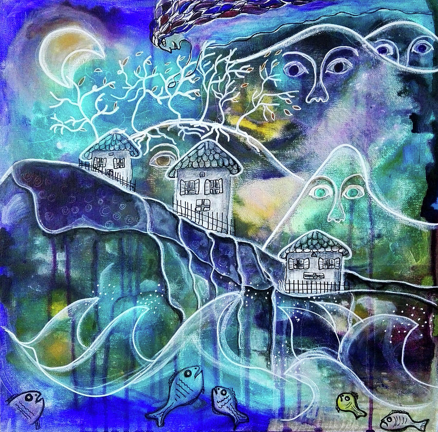 Three Houses on a Cliff Mixed Media by Mimulux Patricia No
