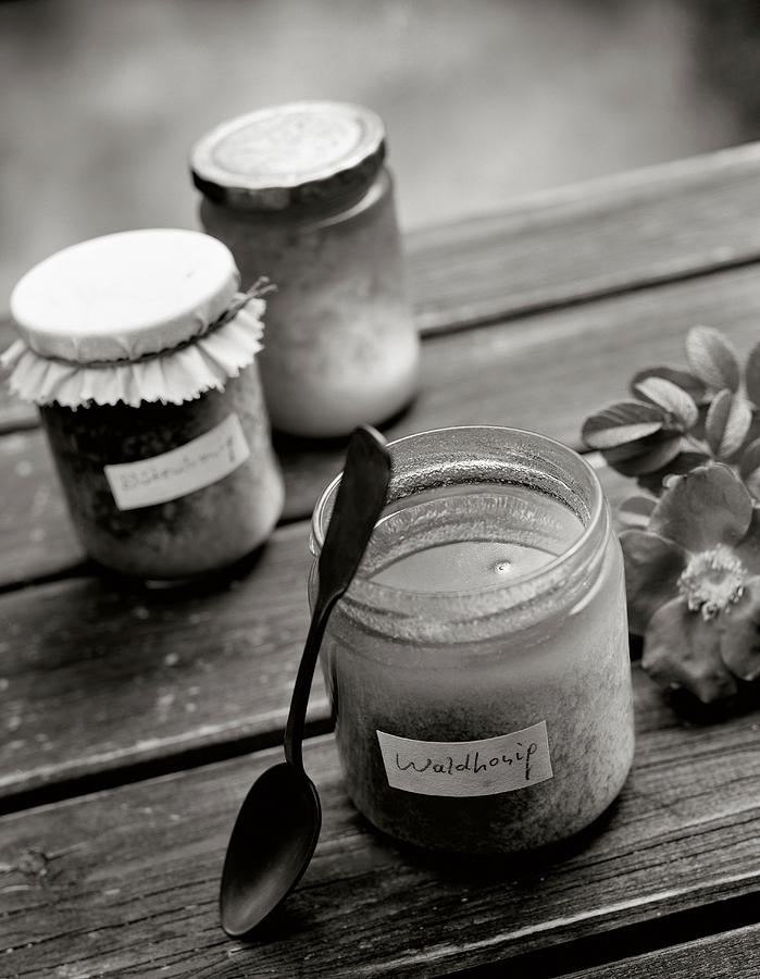 Three Jars Of Honey On A Table, Forest Honey, Food, Nutrition Photograph by R. Striegl