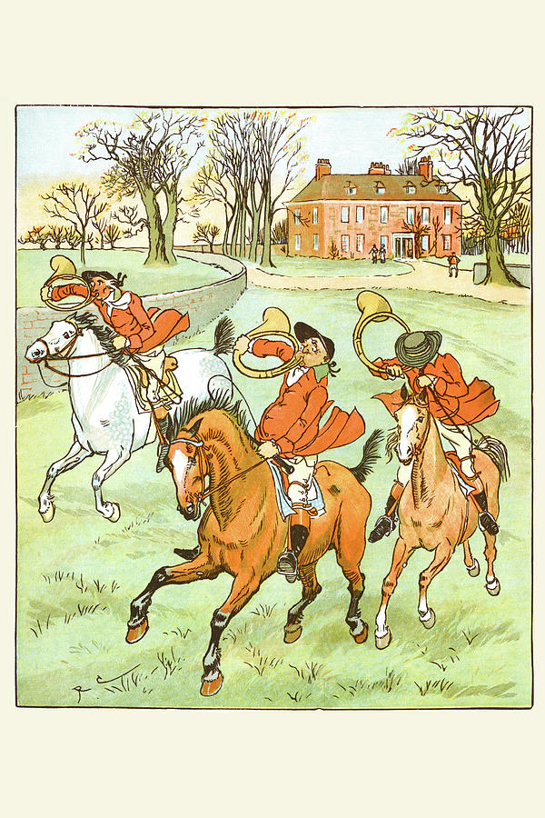 Three Jovial Horsemen tooting their Hunting Horns Painting by Randolph Caldecott