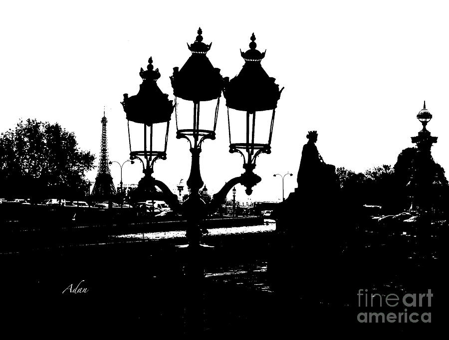 Three Lamps To The Eiffel Tower Paris Horizontal BW Photograph by Felipe Adan Lerma
