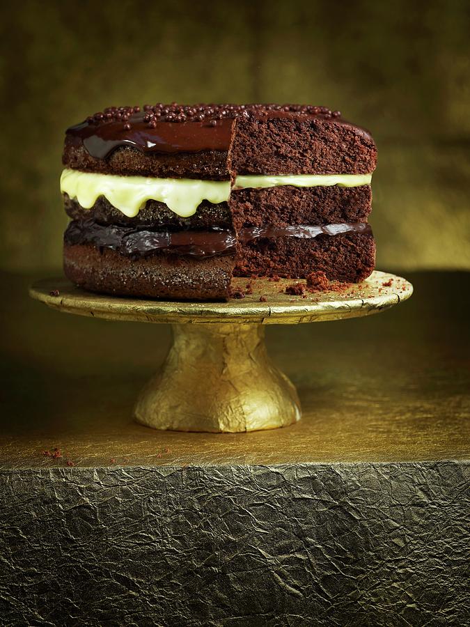 Three-layer Chocolate Cake On A Cake Stand Photograph by Atelier Mai 98