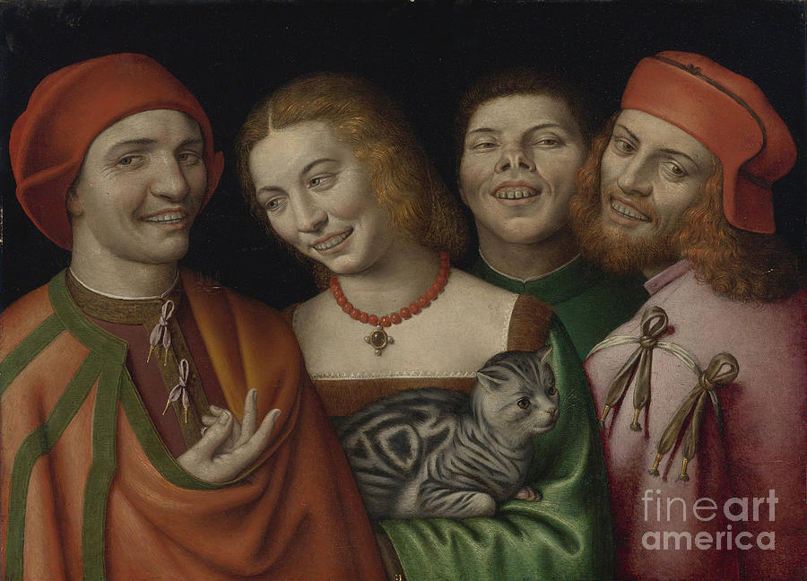 Three Men With A Woman Holding A Cat Drawing by Heritage Images
