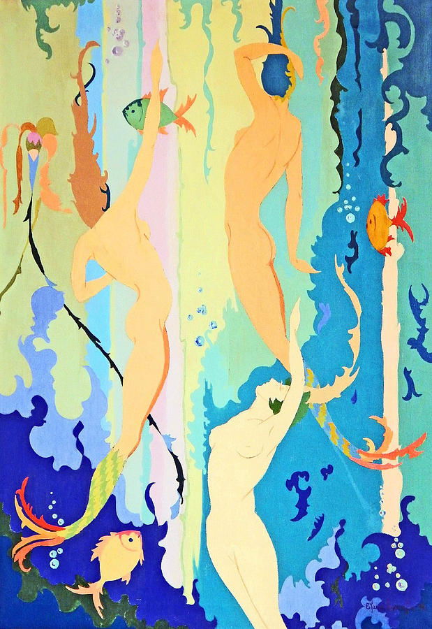 Three Mermaids Swimming Up Painting by Elaine Lincoln