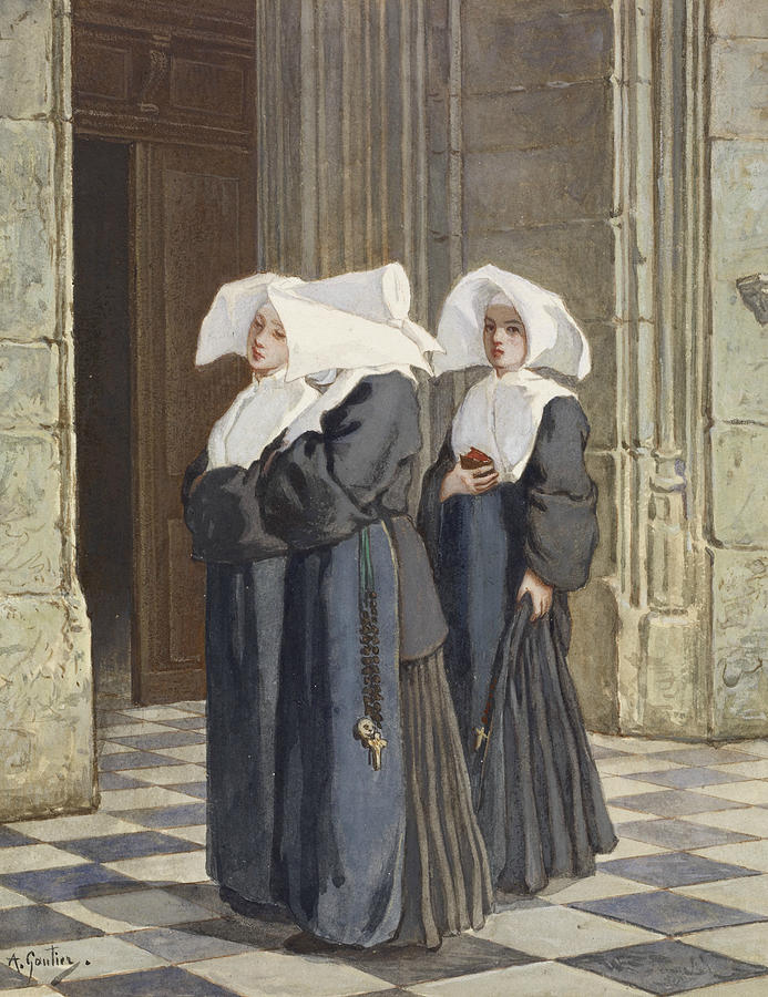 Three Nuns in the Portal of a Church Drawing by Armand Gautier