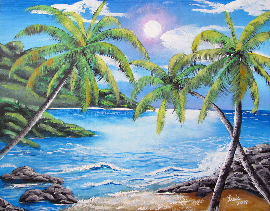 Three Palms by the Tropical Ocean  Painting by Luis F Rodriguez