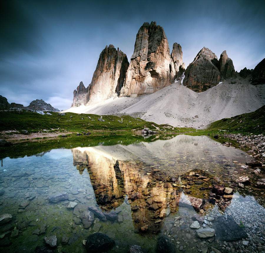 Nature Photograph - Three Peaks Reflection In Lake by Matteo Colombo