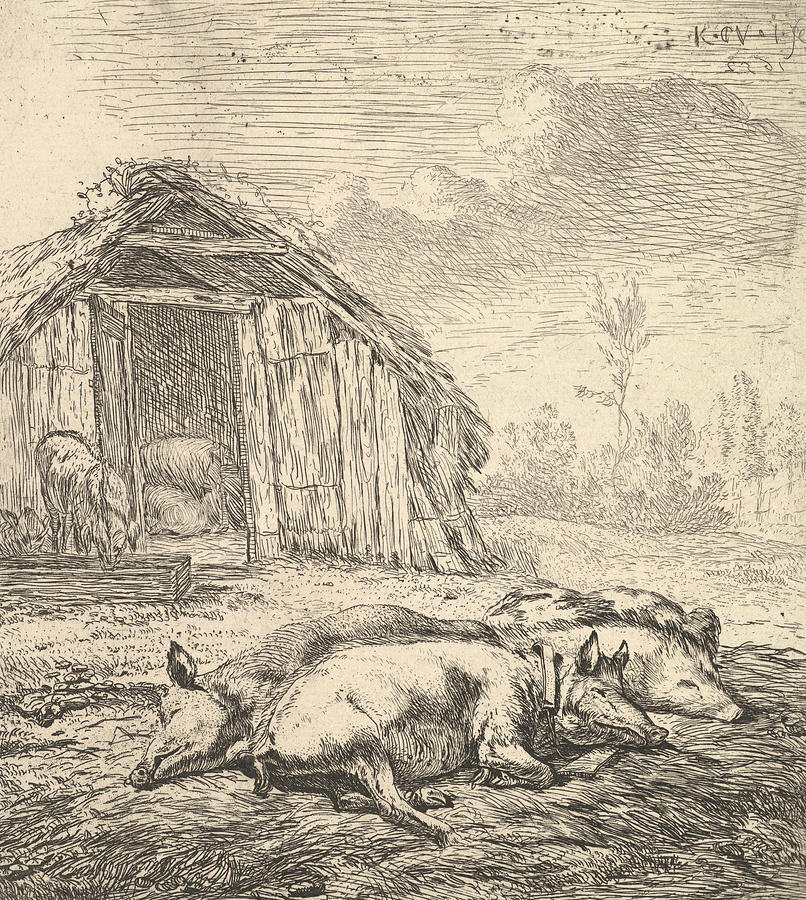 Three Pigs Lying on Their Sides Relief by Karel Dujardin