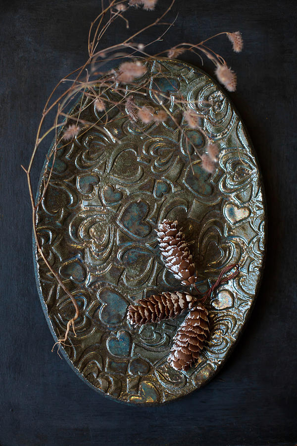 Pattern Photograph - Three Pine Cones On Oval Plate With Embossed Love-heart Pattern by Alicja Koll