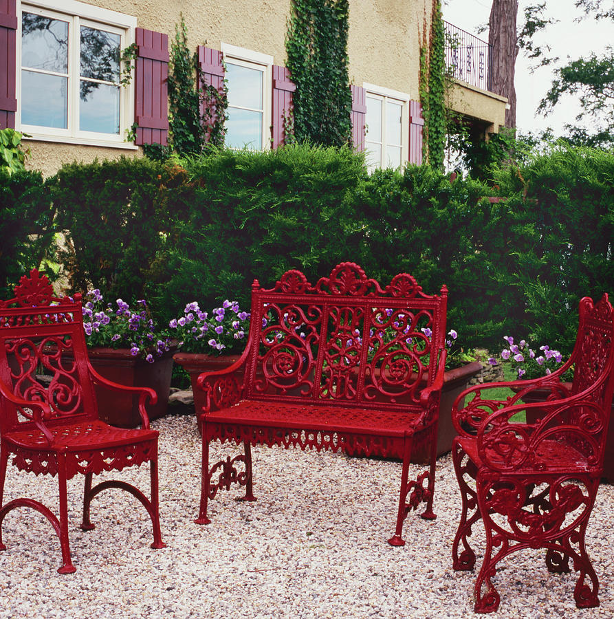 Three Red Benches Photograph by Richard Felber