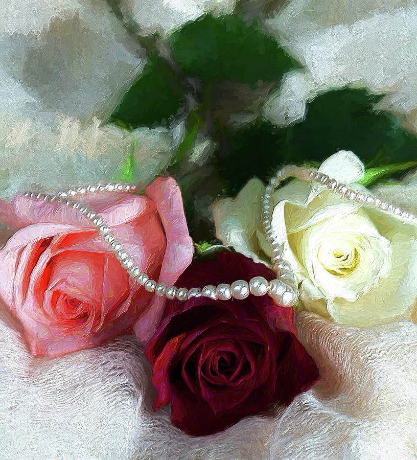 Three Roses on White Lace with Pearls AP Painting by Dan Carmichael