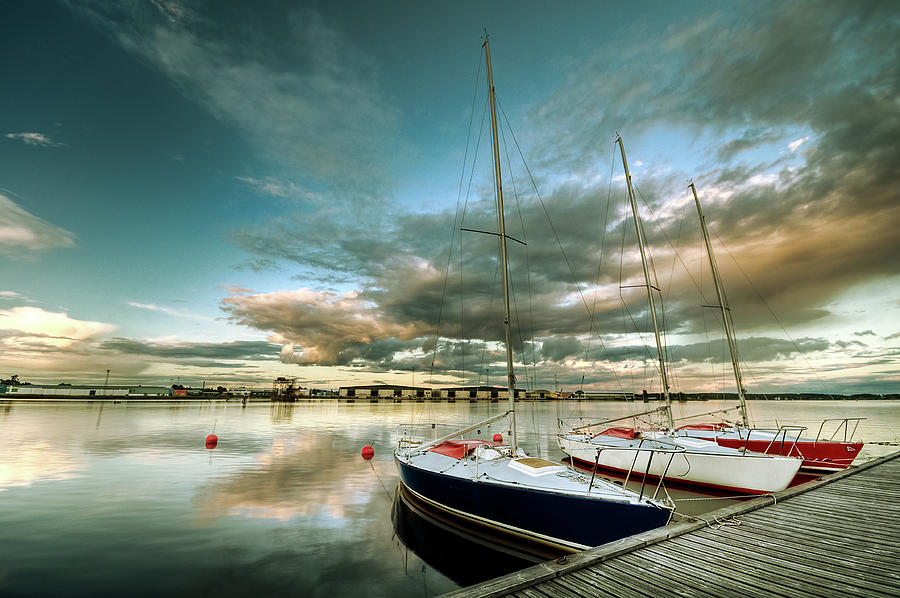 Three Sailboats By Dock Hdr Photograph by David Olsson