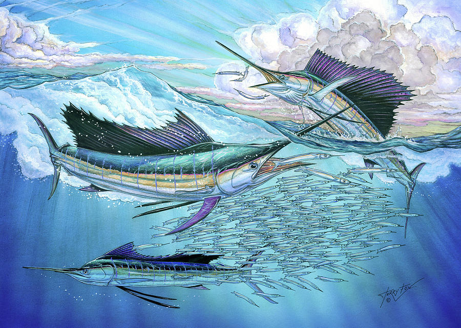 White Marlin Painting - Three sailfish and bait ball by Terry  Fox